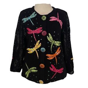 DESIGN OPTIONS Philip‎ & Jane Gordon Black Cardigan Sweater Sequin Dragonfly VTG